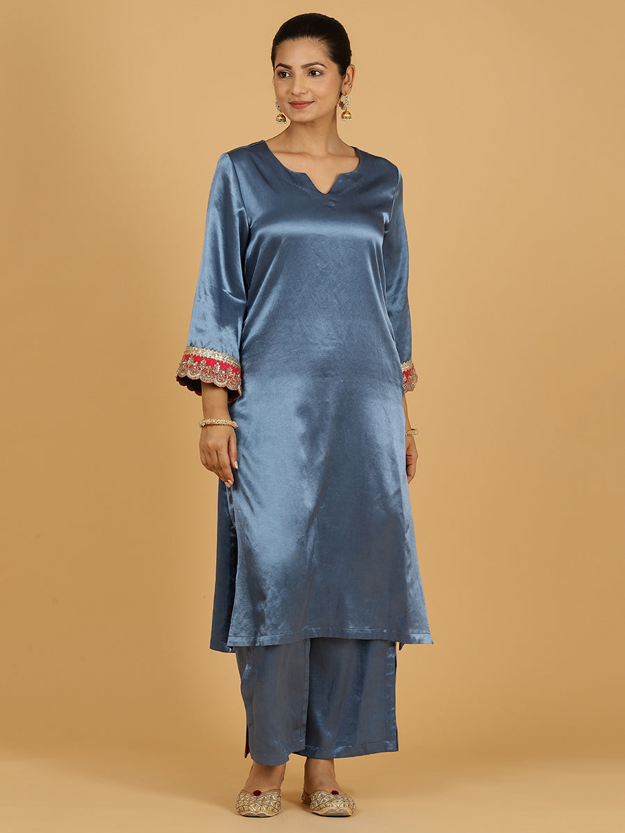 Penaaz x Tyohaar Kurta, in Blue Vegan Silk, featuring three quarter sleeves and round neck with splitline (view 6).