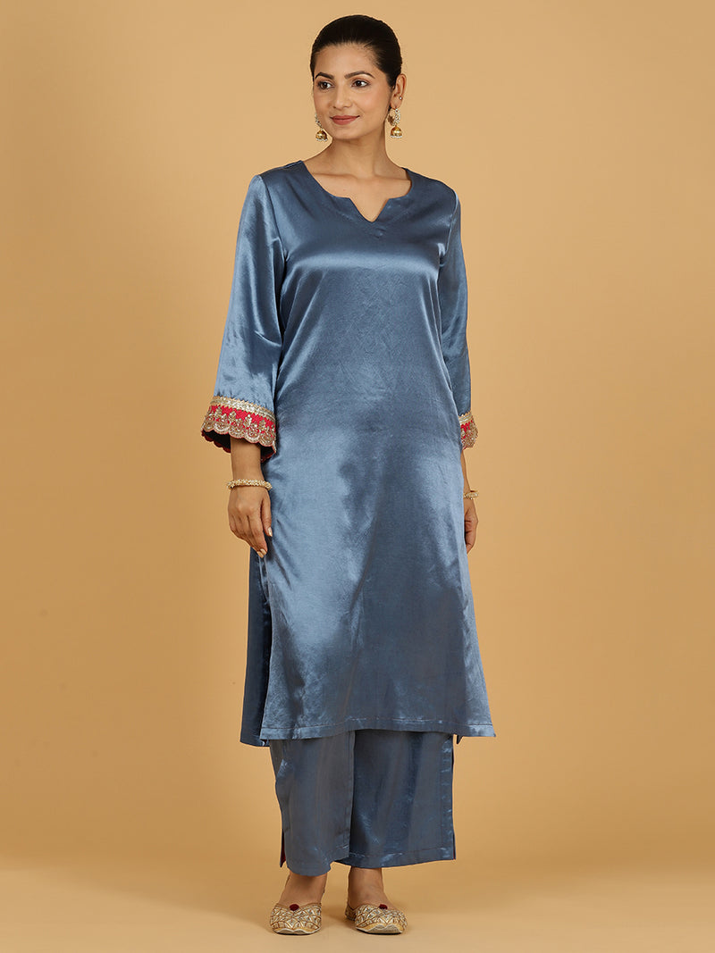 Penaaz x Tyohaar | Ice Blue Mashru Silk A-Line Kurta with Embroidered Sleeves | Coords or Only Kurta-Binks