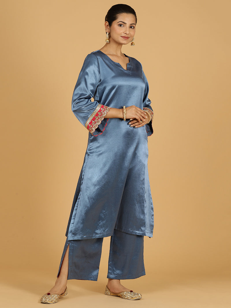 Penaaz x Tyohaar | Ice Blue Mashru Silk A-Line Kurta with Embroidered Sleeves | Coords or Only Kurta-Binks