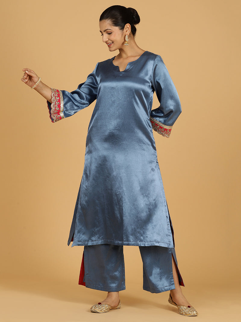 Penaaz x Tyohaar | Ice Blue Mashru Silk A-Line Kurta with Embroidered Sleeves | Coords or Only Kurta-Binks
