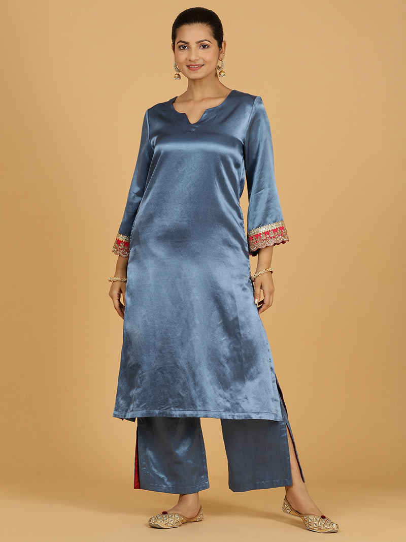 Penaaz x Tyohaar | Ice Blue Mashru Silk A-Line Kurta with Embroidered Sleeves | Coords or Only Kurta-Binks