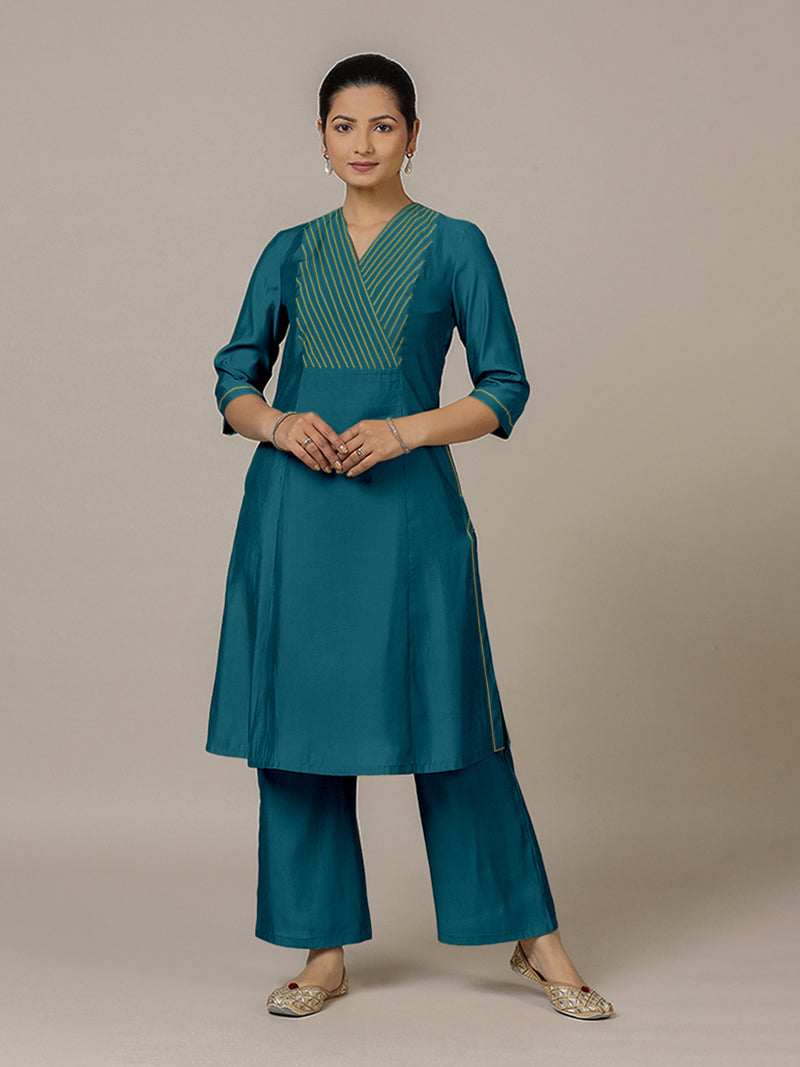Piya x Rozaana | A Line Kurta in Crystal Teal with Thread Work | Coords or Only Kurta-Binks