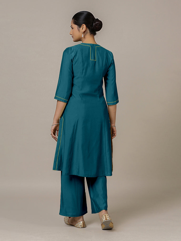 Piya x Rozaana Kurta, in Blue Viscose, featuring three quarter sleeves and v-neckline, made for daily & work (view 2).
