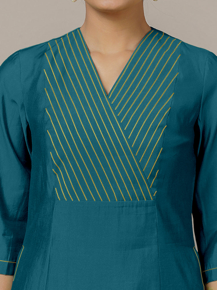 Piya x Rozaana Kurta, in Blue Viscose, featuring three quarter sleeves and v-neckline, made for daily & work (view 3).