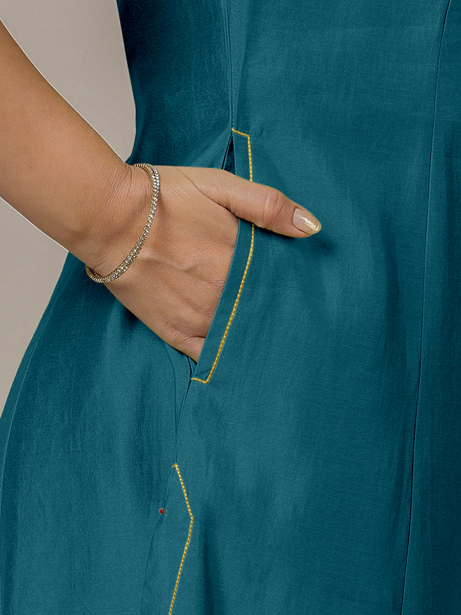 Piya x Rozaana Kurta, in Blue Viscose, featuring three quarter sleeves and v-neckline, made for daily & work (view 5).