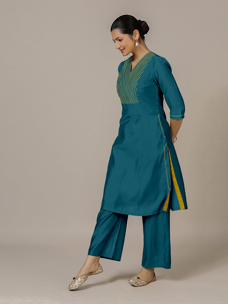 Piya x Rozaana Kurta, in Blue Viscose, featuring three quarter sleeves and v-neckline, made for daily & work (view 6).