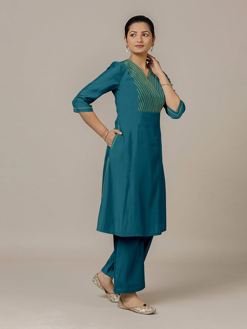 Piya x Rozaana | A Line Kurta in Crystal Teal with Thread Work | Coords or Only Kurta-Binks