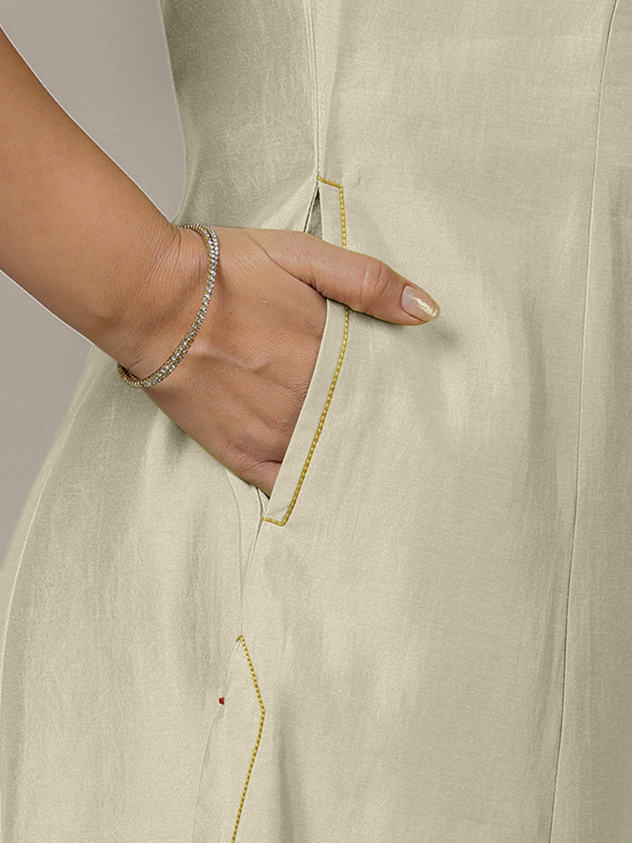 Piya x Rozaana Kurta, in Cream Viscose, featuring three quarter sleeves and v-neckline, made for daily & work (view 5).