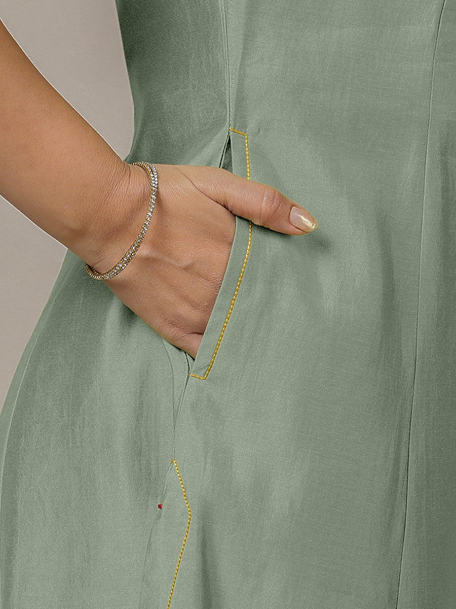 Piya x Rozaana Kurta, in Green Viscose, featuring three quarter sleeves and v-neckline, made for daily & work (view 5).