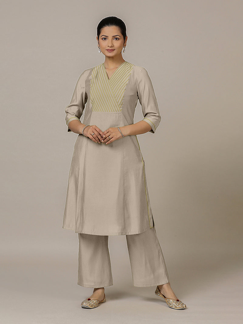 Piya x Rozaana | A Line Kurta in Oyster Grey with Thread Work | Coords or Only Kurta-Binks