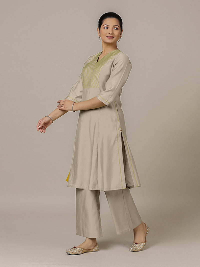 Piya x Rozaana | A Line Kurta in Oyster Grey with Thread Work | Coords or Only Kurta-Binks