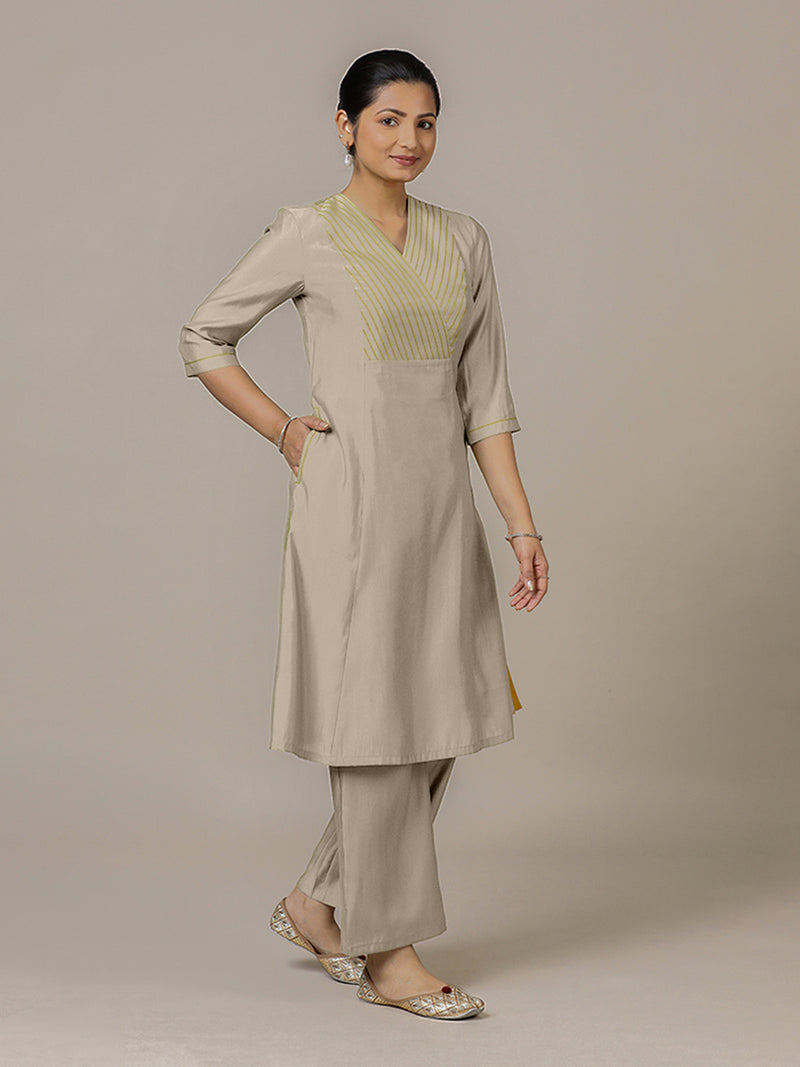 Piya x Rozaana | A Line Kurta in Oyster Grey with Thread Work | Coords or Only Kurta-Binks