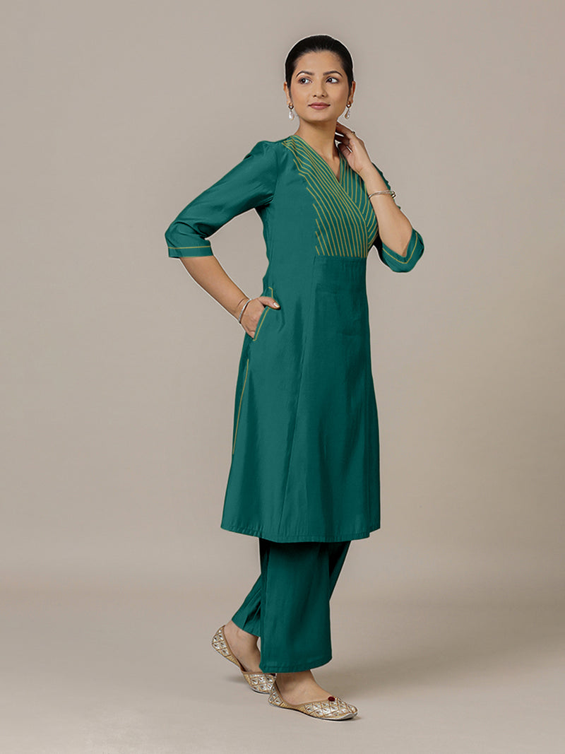 Piya x Rozaana | A Line Kurta in Peacock Green with Thread Work | Coords or Only Kurta-Binks