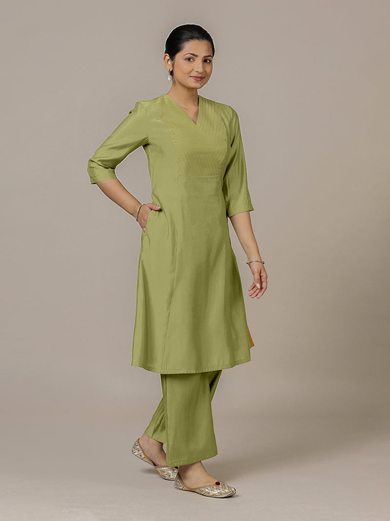 Piya x Rozaana | A Line Kurta in Pista Green with Thread Work | Coords or Only Kurta-Binks