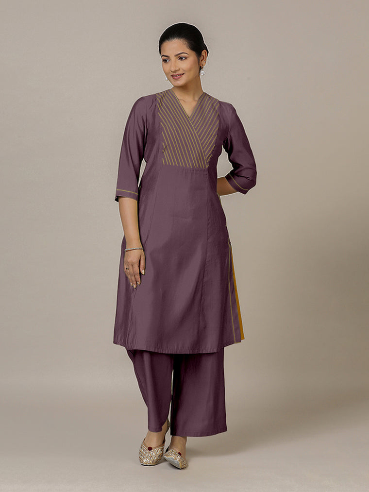 Piya x Rozaana Kurta, in Purple Viscose, featuring three quarter sleeves and v-neckline, made for daily & work.
