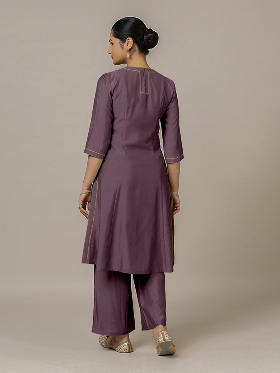 Piya x Rozaana Kurta, in Purple Viscose, featuring three quarter sleeves and v-neckline, made for daily & work (view 2).
