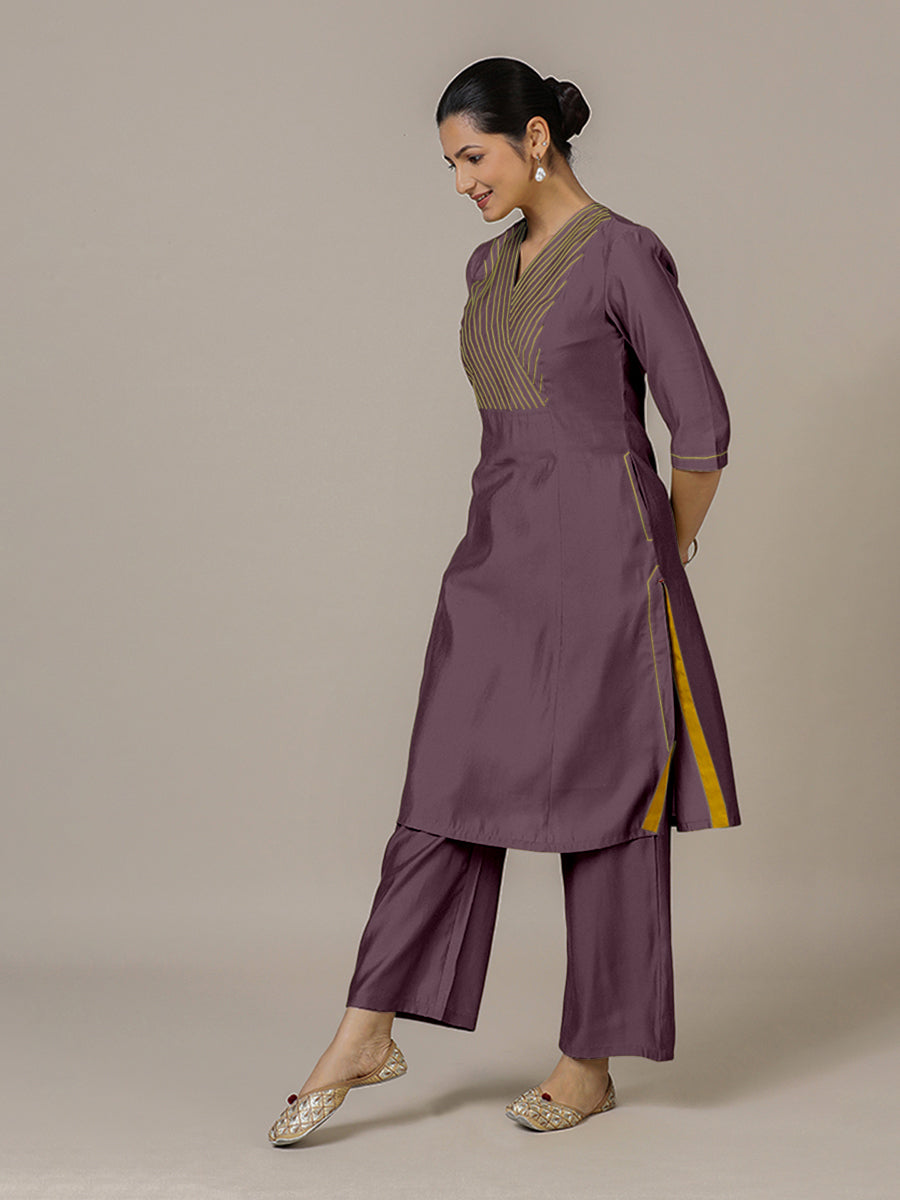 Piya x Rozaana Kurta, in Purple Viscose, featuring three quarter sleeves and v-neckline, made for daily & work (view 6).