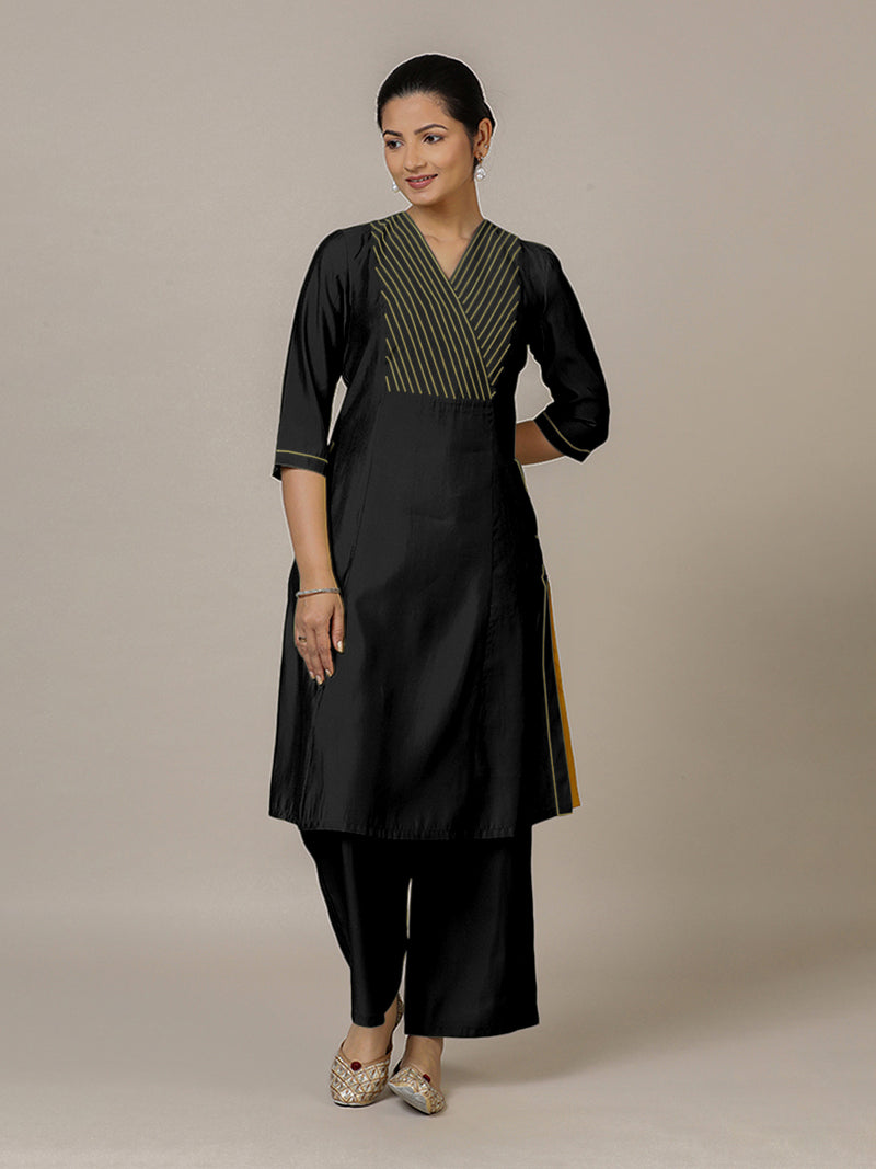 Piya x Rozaana | A Line Kurta in Raven Black with Thread Work | Coords or Only Kurta-Binks