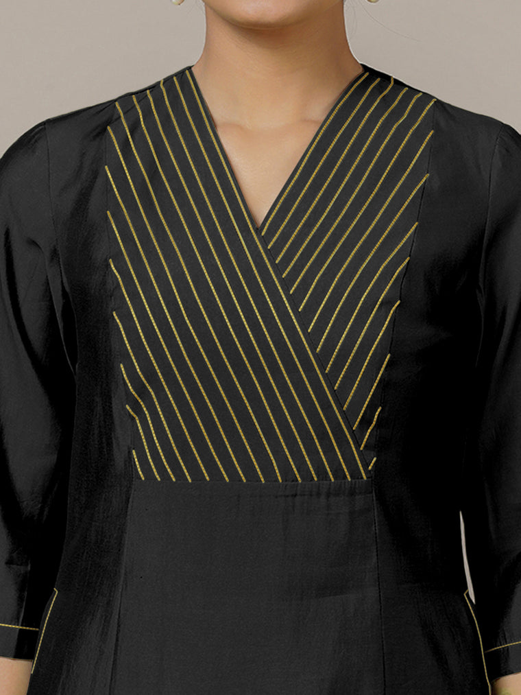 Piya x Rozaana Kurta, in Black Viscose, featuring three quarter sleeves and v-neckline, made for daily & work (view 3).