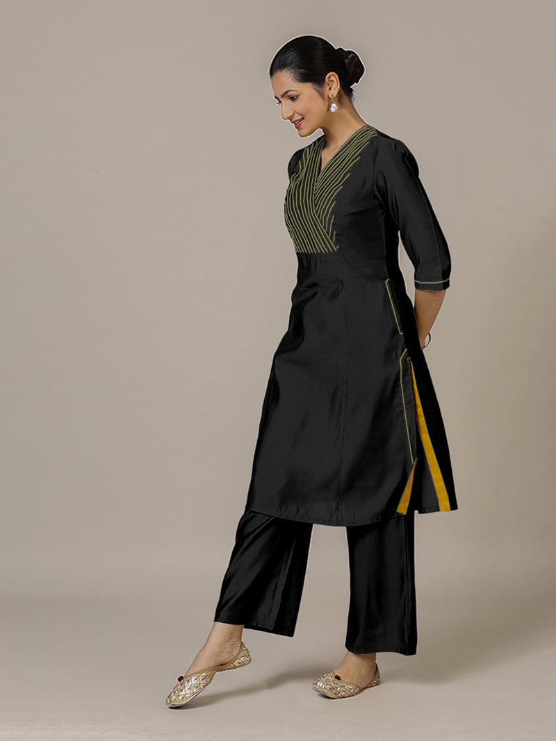Piya x Rozaana | A Line Kurta in Raven Black with Thread Work | Coords or Only Kurta-Binks