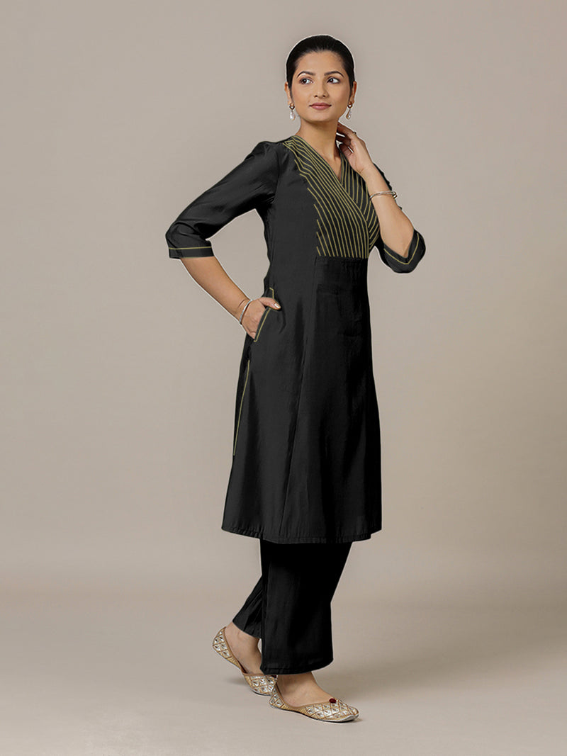 Piya x Rozaana | A Line Kurta in Raven Black with Thread Work | Coords or Only Kurta-Binks