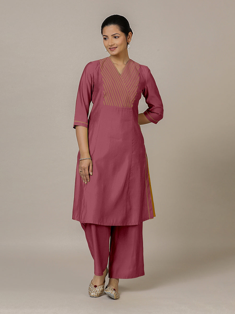 Piya x Rozaana Kurta, in Pink Viscose, featuring three quarter sleeves and v-neckline, made for daily & work.
