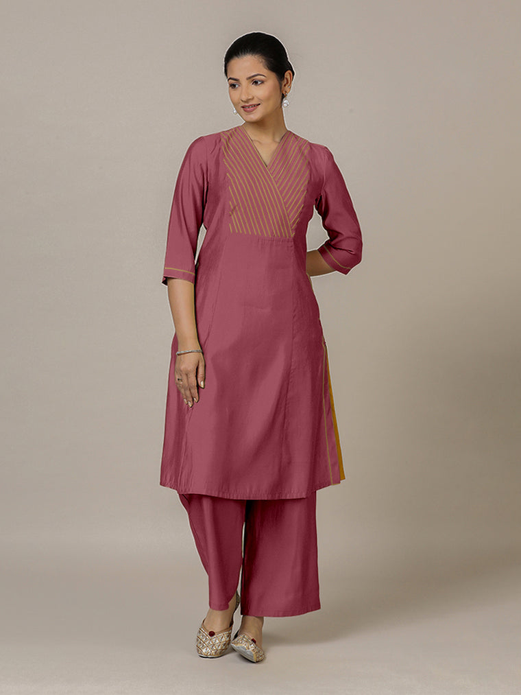 Piya x Rozaana Kurta, in Pink Viscose, featuring three quarter sleeves and v-neckline, made for daily & work.