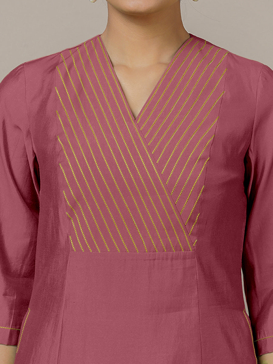 Piya x Rozaana Kurta, in Pink Viscose, featuring three quarter sleeves and v-neckline, made for daily & work (view 3).