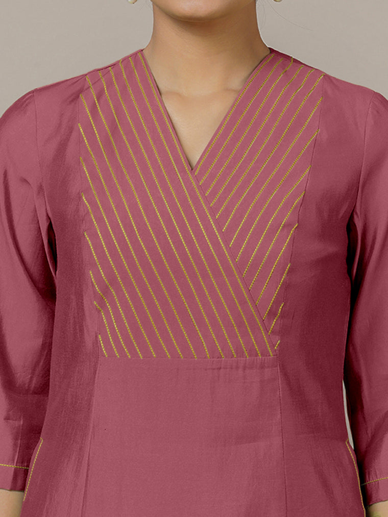 Piya x Rozaana Kurta, in Pink Viscose, featuring three quarter sleeves and v-neckline, made for daily & work (view 3).