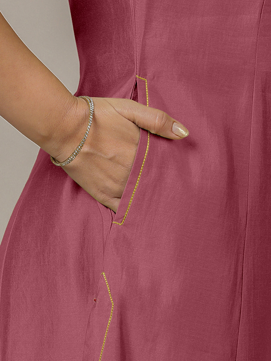 Piya x Rozaana Kurta, in Pink Viscose, featuring three quarter sleeves and v-neckline, made for daily & work (view 5).