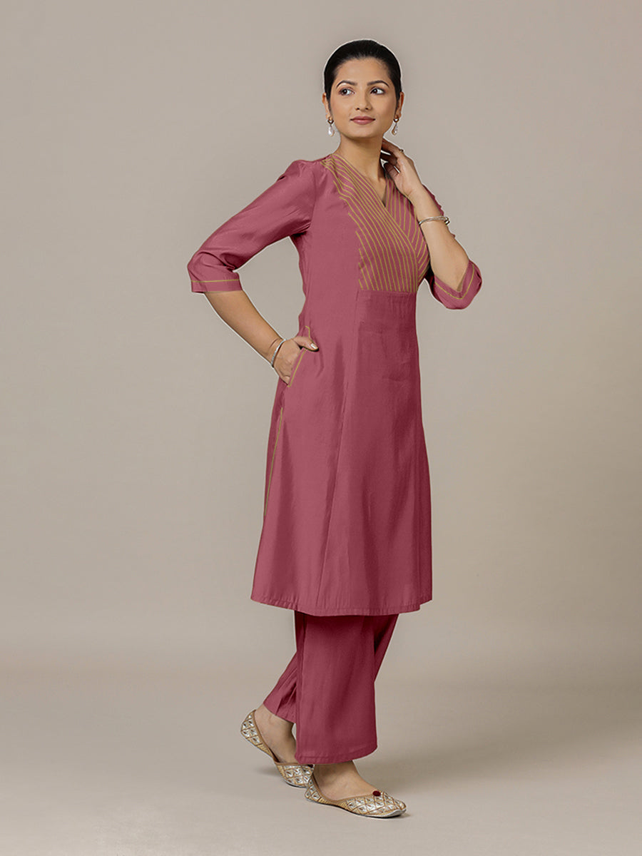 Piya x Rozaana Kurta, in Pink Viscose, featuring three quarter sleeves and v-neckline, made for daily & work (view 8).