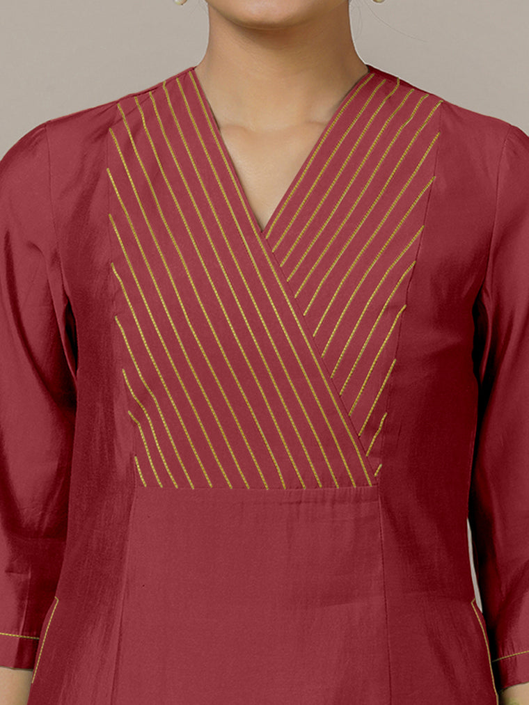 Piya x Rozaana Kurta, in Red Viscose, featuring three quarter sleeves and v-neckline, made for daily & work (view 3).