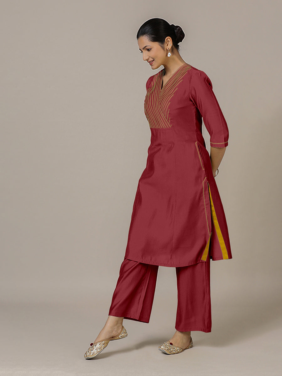 Piya x Rozaana Kurta, in Red Viscose, featuring three quarter sleeves and v-neckline, made for daily & work (view 6).