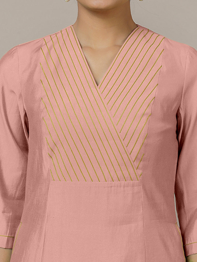 Piya x Rozaana Kurta, in Pink Viscose, featuring three quarter sleeves and v-neckline, made for daily & work (view 3).