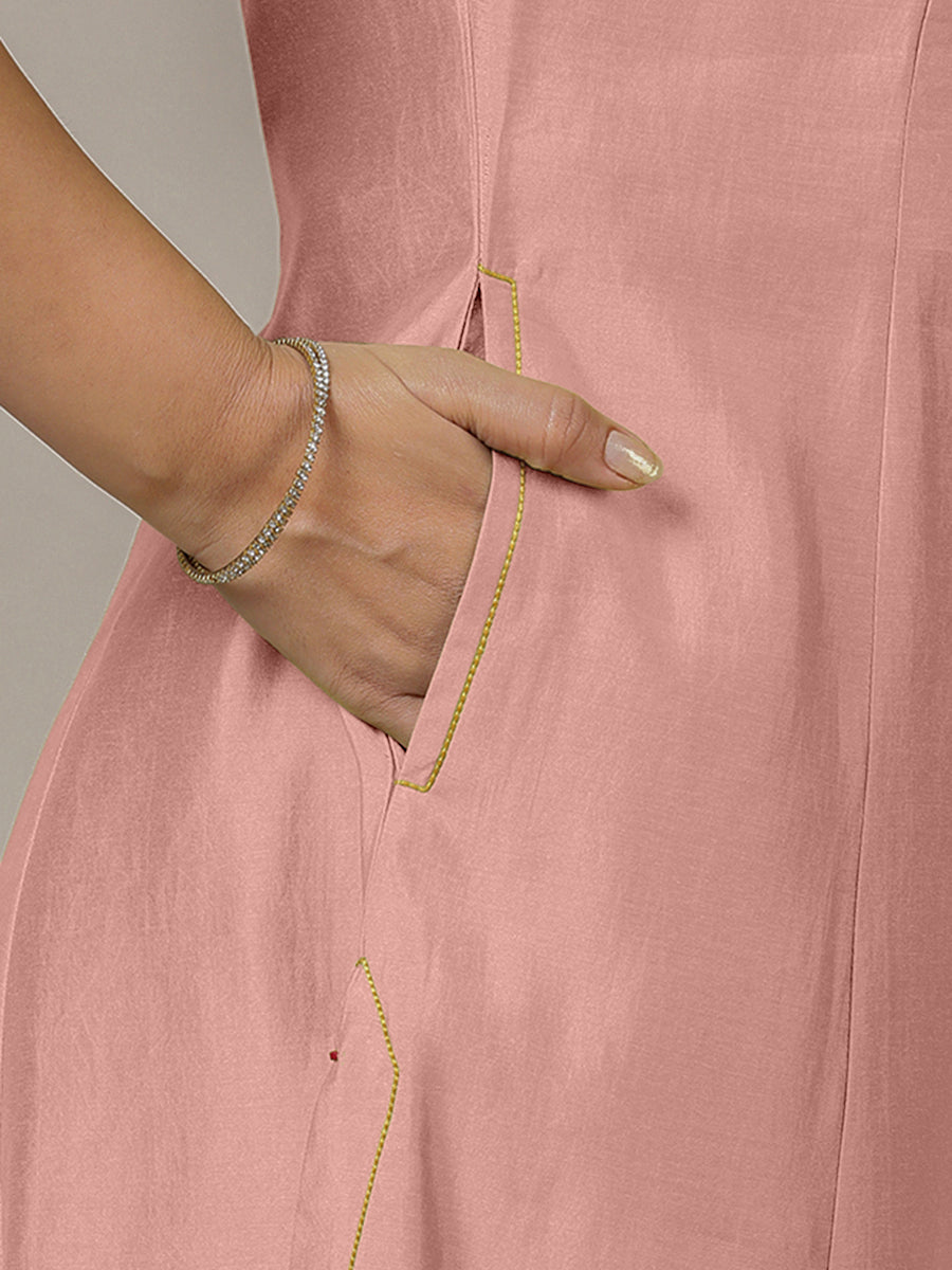 Piya x Rozaana Kurta, in Pink Viscose, featuring three quarter sleeves and v-neckline, made for daily & work (view 5).