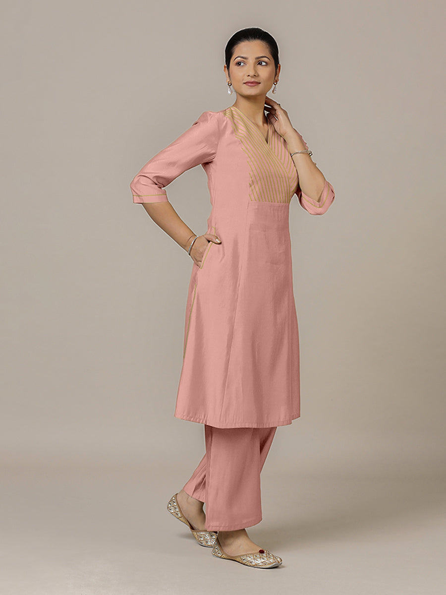 Piya x Rozaana Kurta, in Pink Viscose, featuring three quarter sleeves and v-neckline, made for daily & work (view 7).