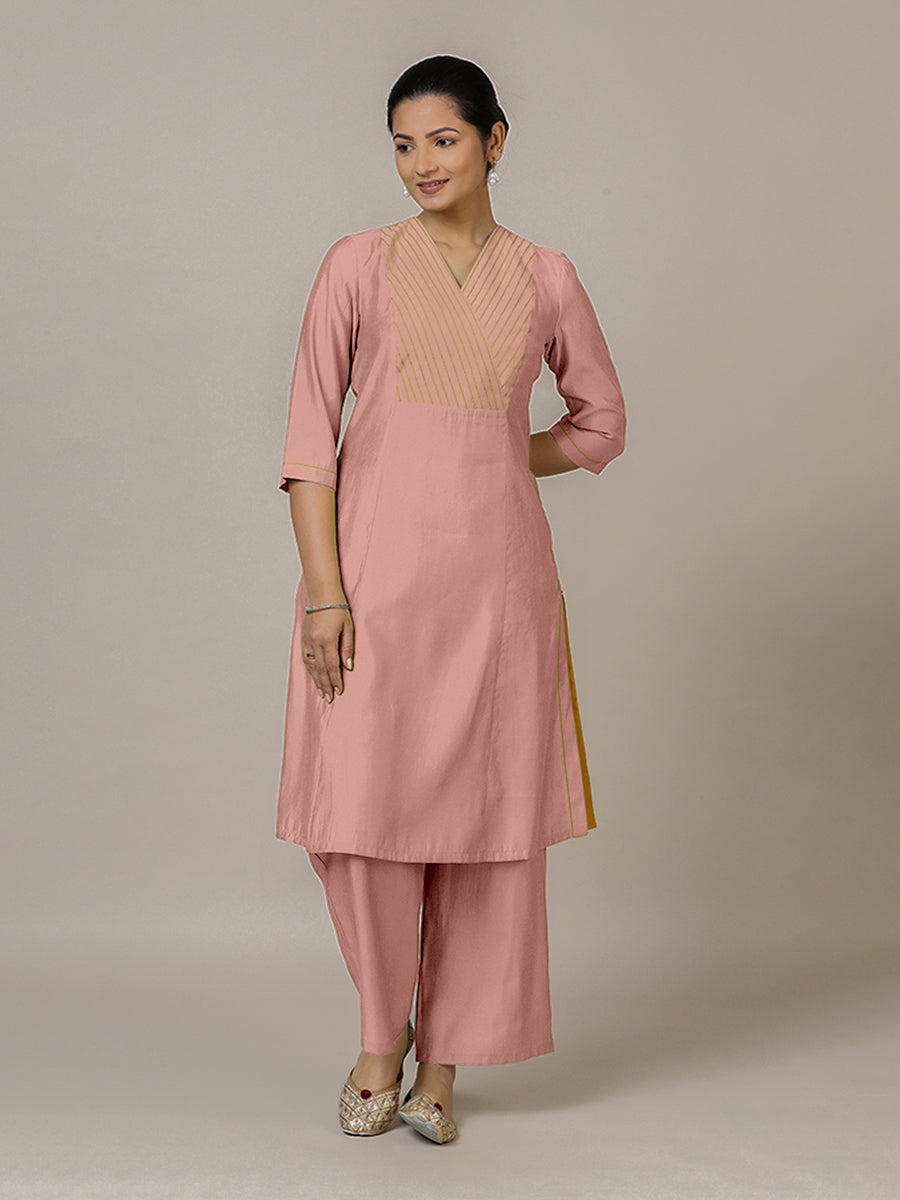 Piya x Rozaana Kurta, in Pink Viscose, featuring three quarter sleeves and v-neckline, made for daily & work (view 8).