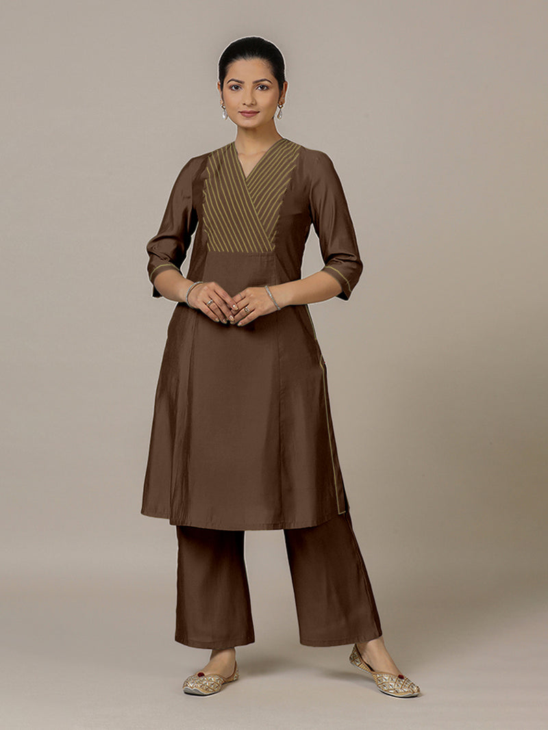 Piya x Rozaana | A Line Kurta in Walnut Brown with Thread Work | Coords or Only Kurta-Binks