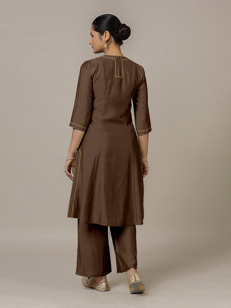 Piya x Rozaana Kurta, in Brown Viscose, featuring three quarter sleeves and v-neckline, made for daily & work (view 2).
