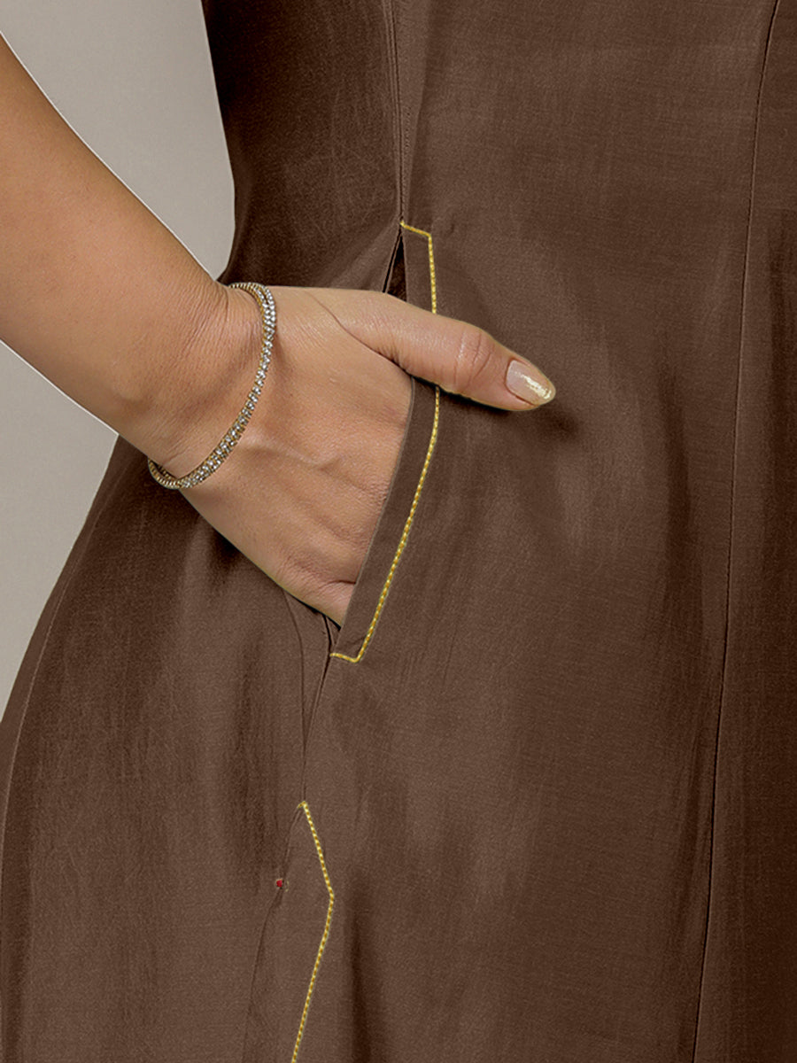 Piya x Rozaana Kurta, in Brown Viscose, featuring three quarter sleeves and v-neckline, made for daily & work (view 5).