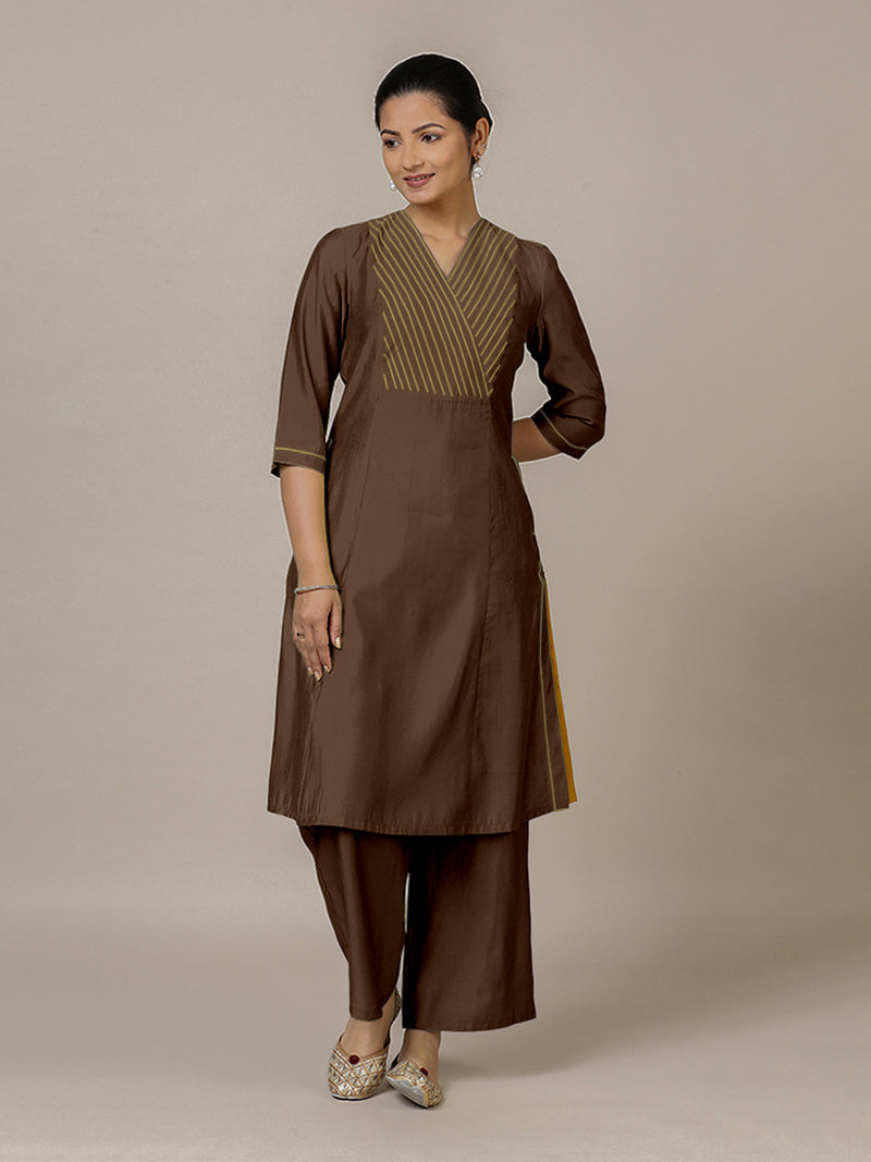 Piya x Rozaana | A Line Kurta in Walnut Brown with Thread Work | Coords or Only Kurta-Binks