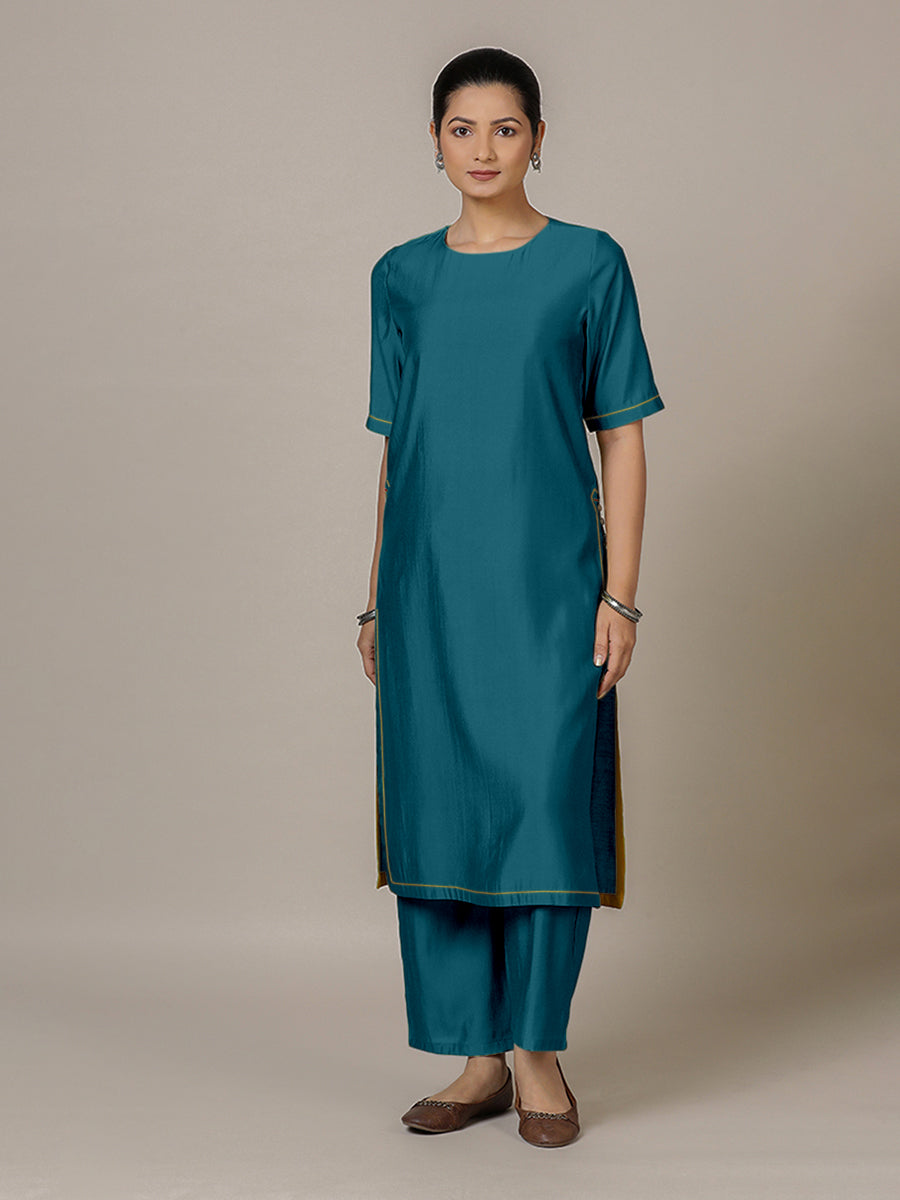 Riya x Rozaana Kurta, in Blue Viscose, featuring elbow sleeves and jewel neckline, made for daily & work.