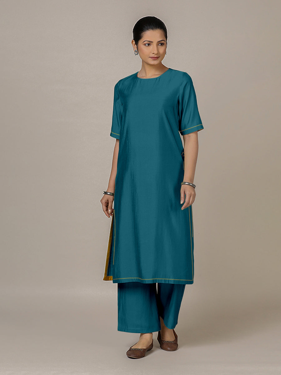 Riya x Rozaana Kurta, in Blue Viscose, featuring elbow sleeves and jewel neckline, made for daily & work (view 5).
