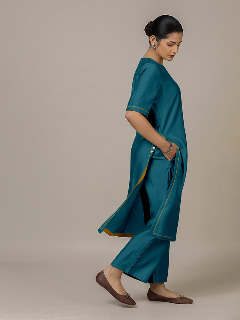 Riya x Rozaana | A Line Kurta in Crystal Teal with Thread Work | Coords or Only Kurta-Binks