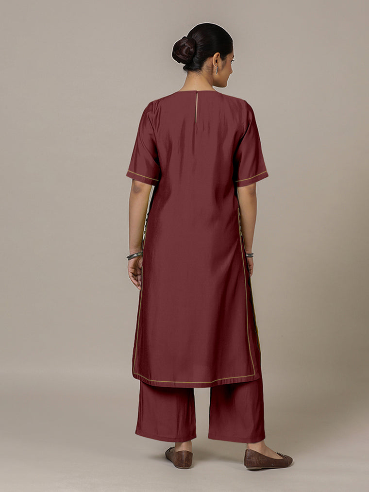 Riya x Rozaana Kurta, in Maroon Viscose, featuring elbow sleeves and jewel neckline, made for daily & work (view 2).
