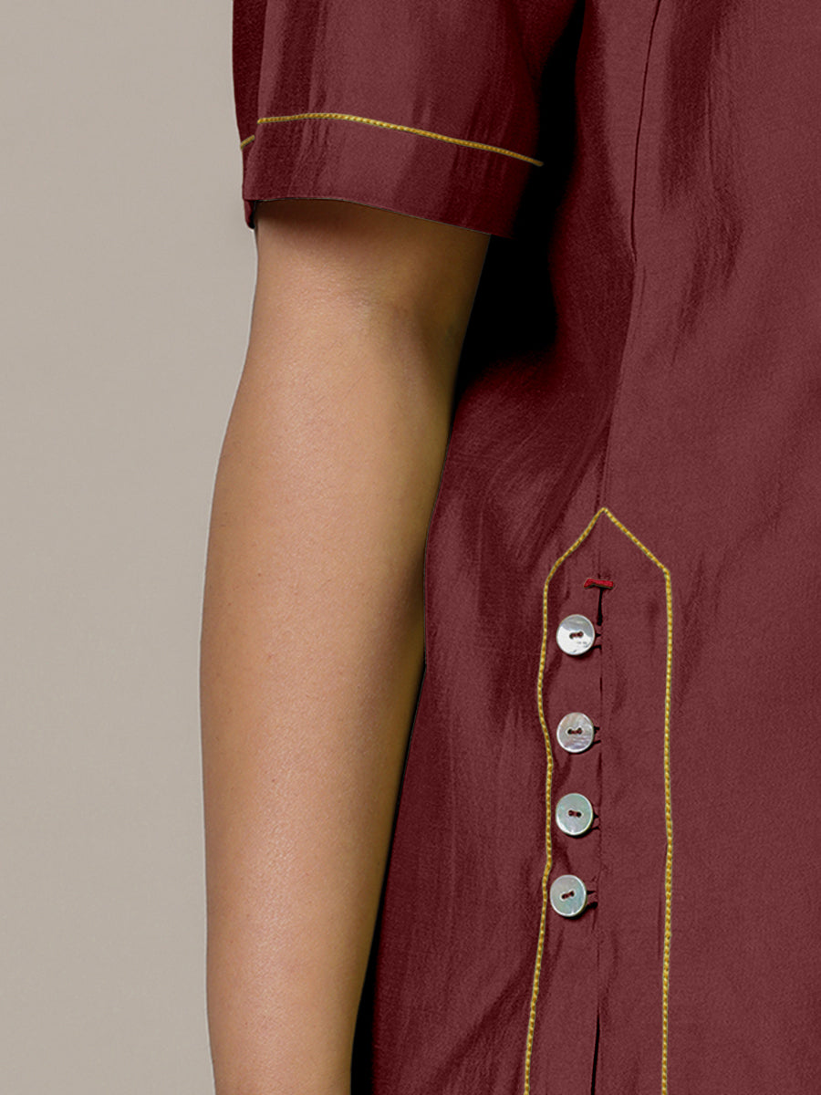Riya x Rozaana Kurta, in Maroon Viscose, featuring elbow sleeves and jewel neckline, made for daily & work (view 3).