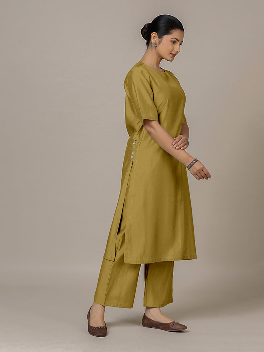 Riya x Rozaana Kurta, in Yellow Viscose, featuring elbow sleeves and jewel neckline, made for daily & work (view 7).