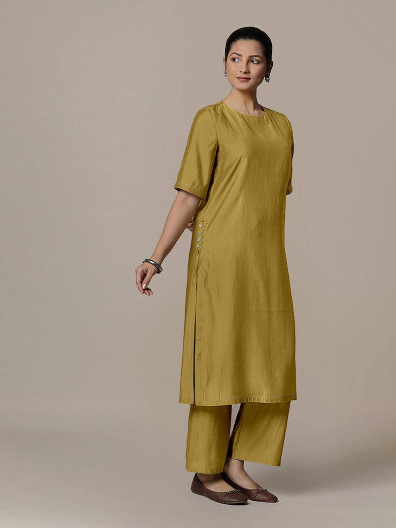 Riya x Rozaana | A Line Kurta in Dijon Mustard with Thread Work | Coords or Only Kurta-Binks