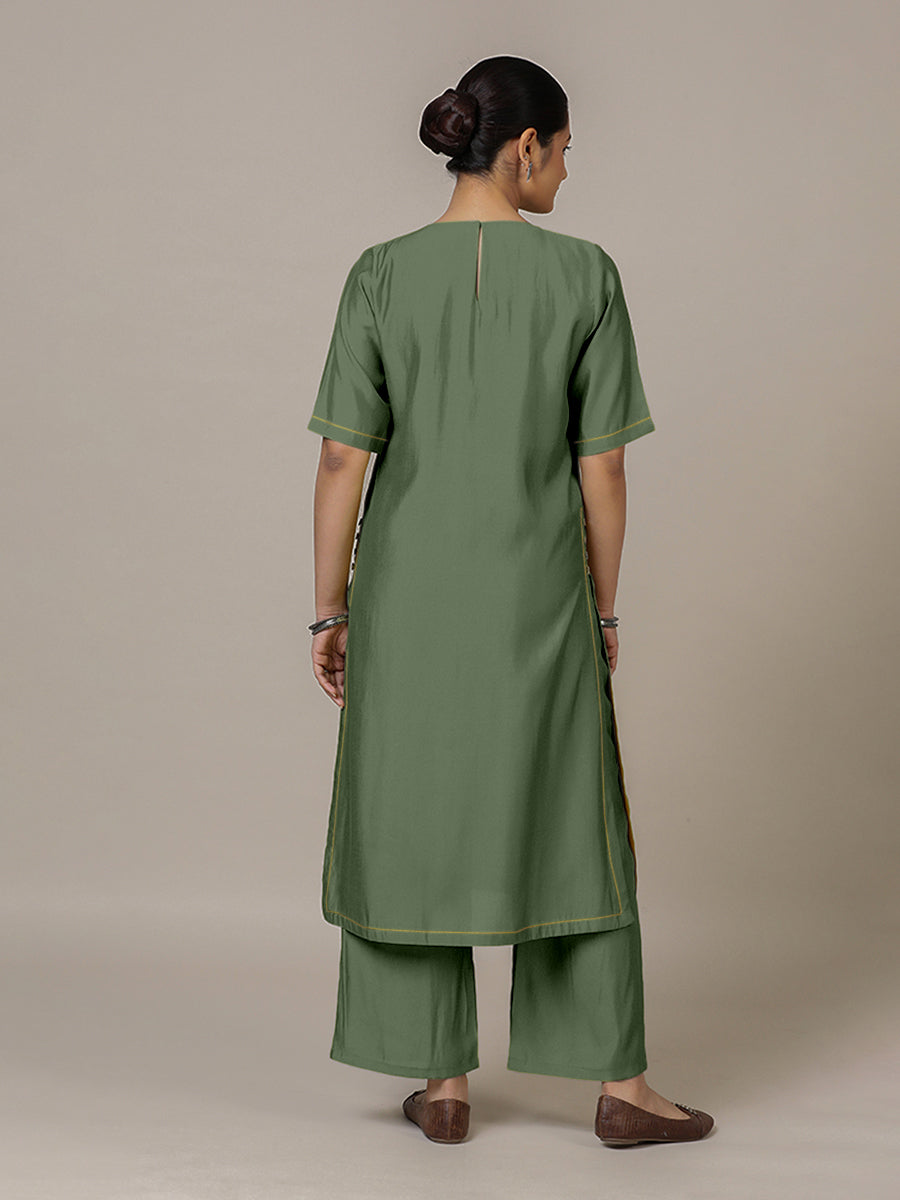 Riya x Rozaana Kurta, in Green Viscose, featuring elbow sleeves and jewel neckline, made for daily & work (view 2).