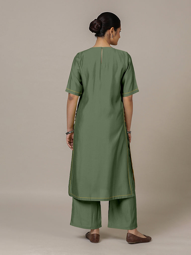 Riya x Rozaana Kurta, in Green Viscose, featuring elbow sleeves and jewel neckline, made for daily & work (view 2).